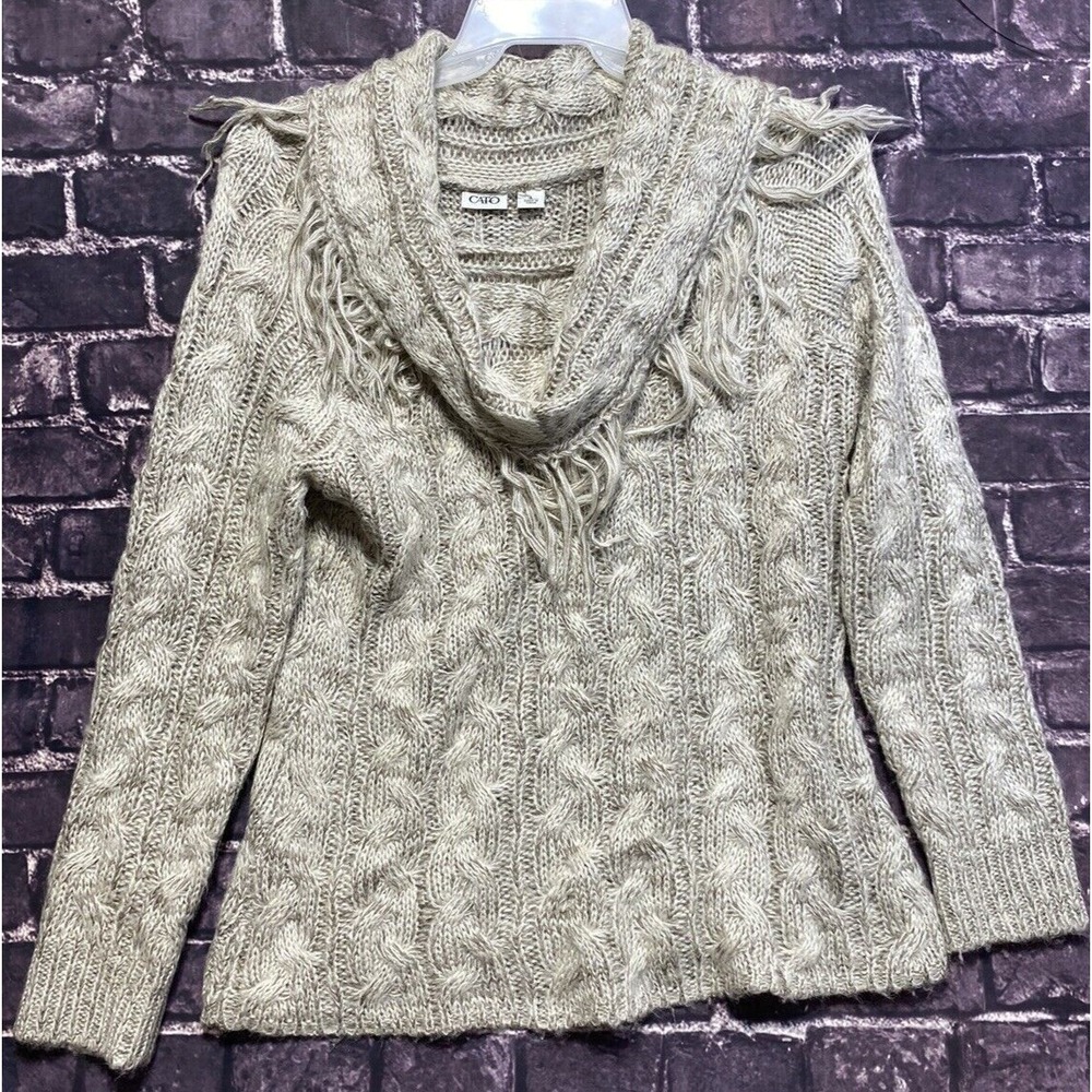 Cato Cowl Neck Sweater Womens Large Beige Fringe Cable Knit Pullover